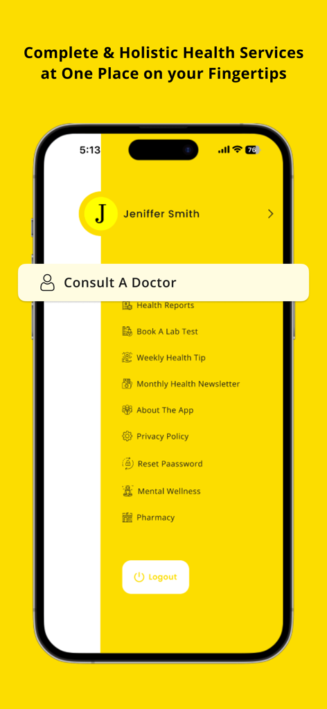 Welcome Cure Holistic Health - Mobile App-Oberfläche von Welcome Cure, die Menüoptionen für Arztkonsultationen, die Buchung von Labortests und psychische Wellness-Dienstleistungen anzeigt.