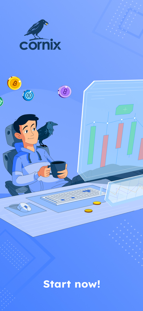 Cornix - Illustration of a tech-savvy man monitoring automated crypto trading charts on the Cornix app