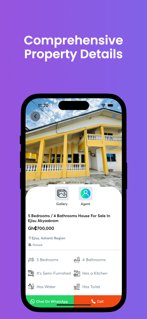 Easy Rent Ghana: Homes & more - Mobile app screen showing comprehensive property details for a five bedroom house for sale in Ghana