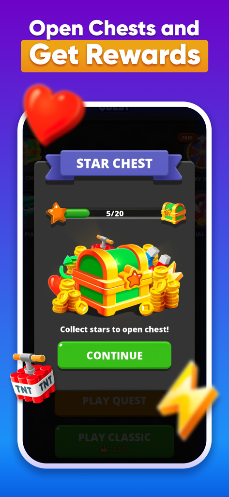 Blocky Quest - Classic Blocks - A mobile game screen from Blocky Quest displaying a Star Chest reward with coins and items.