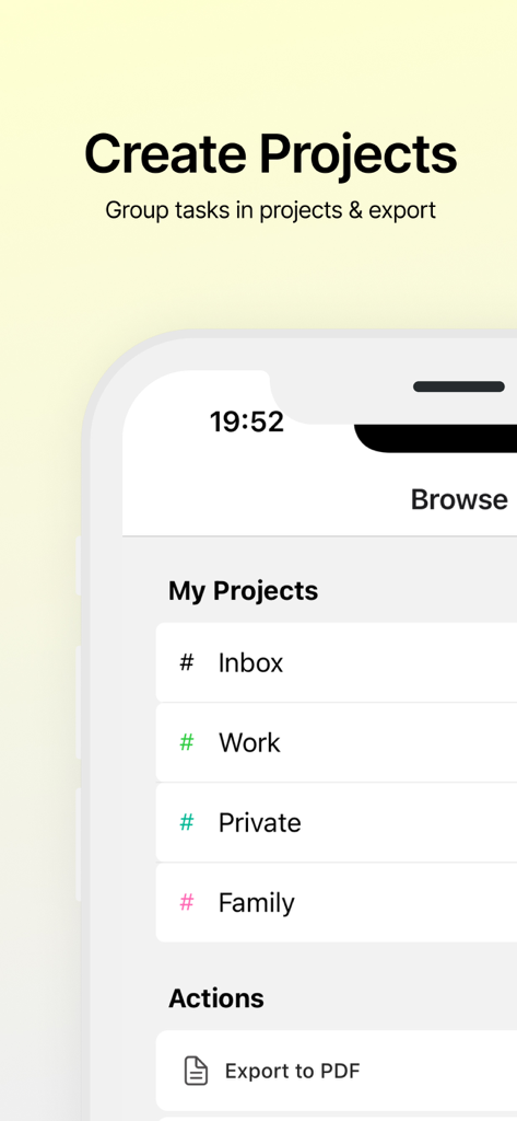 Matrix Manager - Task Manager - Una interfaz móvil limpia que muestra la aplicación Matrix Manager con secciones para Mis Proyectos, incluyendo Trabajo y Familia, y una opción de Exportar a PDF