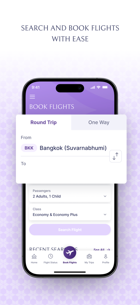 Thai Airways - Interfaz de la aplicación móvil Thai Airways que muestra la pantalla de reserva y búsqueda de vuelos para viajes de ida y vuelta desde Bangkok