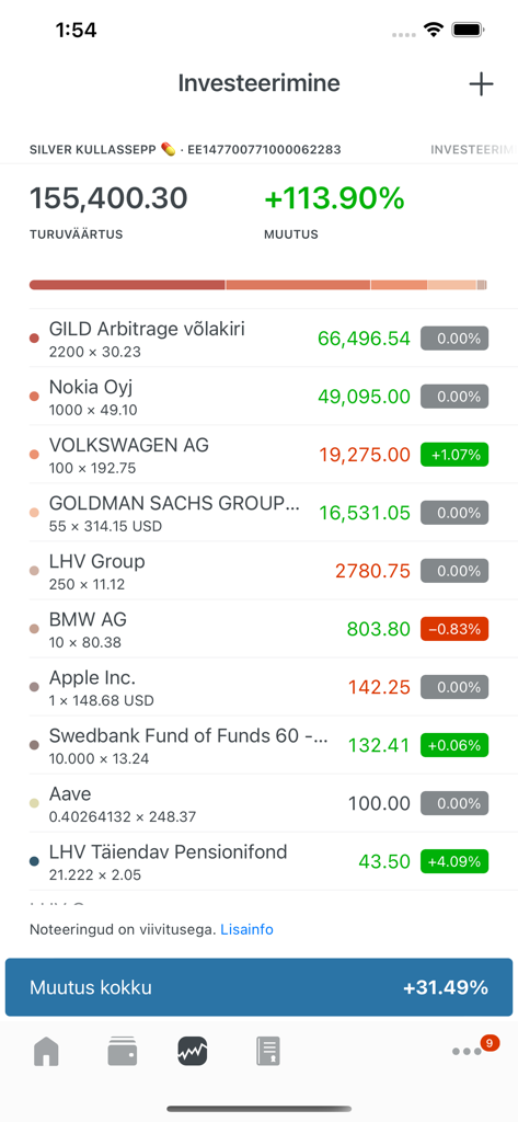 Captura de tela do painel de investimentos do aplicativo LHV de celular mostrando um portfólio diversificado com ações e fundos de pensão