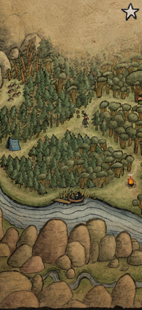Pilgrims - A hand-drawn illustrative world map from the game Pilgrims featuring a character walking through a forest near a river and campfire.