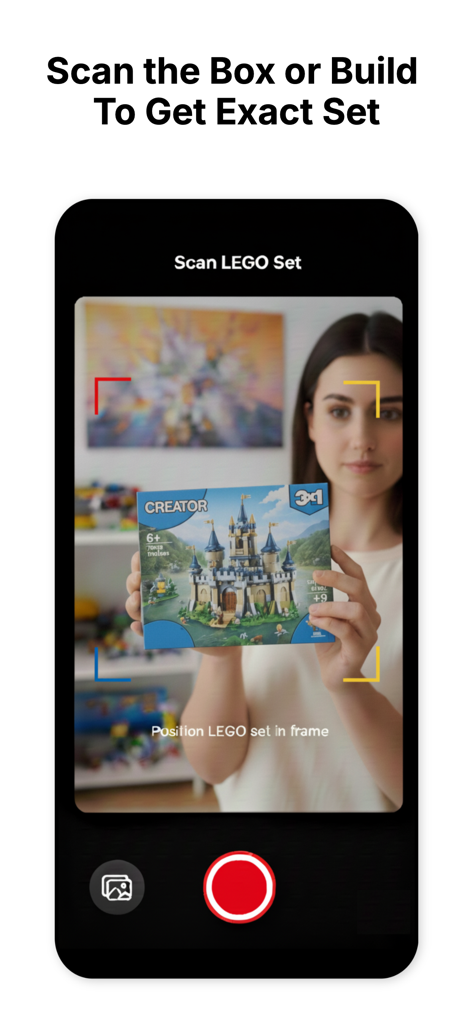 Scanner For Lego Sets - Um usuário escaneando uma caixa LEGO Creator de castelo com o aplicativo Scanner para Conjuntos LEGO para obter preços e detalhes do conjunto