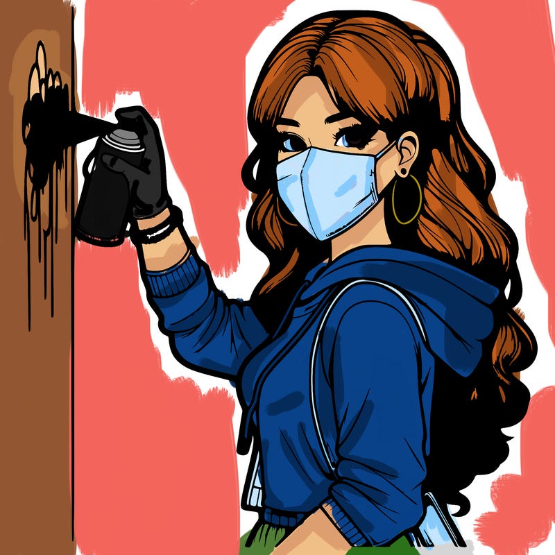 realistic girl with mask spray painting a wall