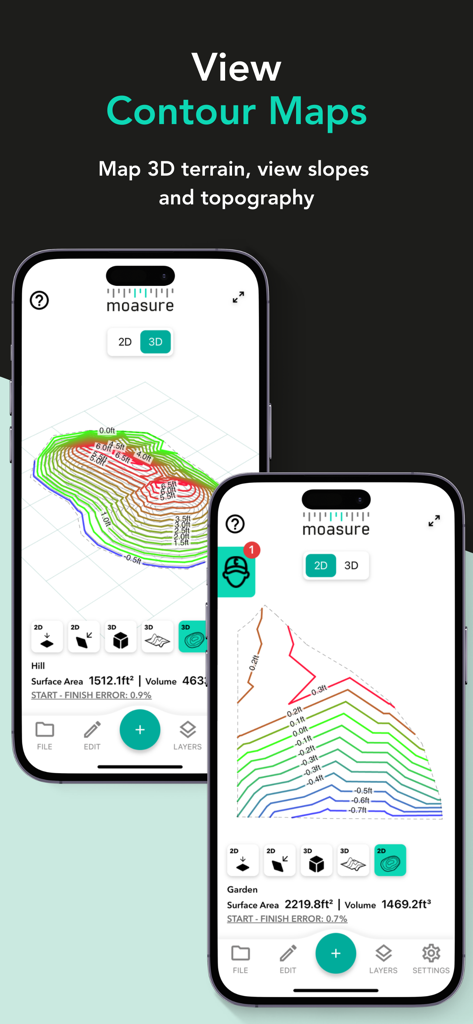 Moasure - Moasure app interface displaying 3D contour maps and topographical terrain mapping on mobile screens