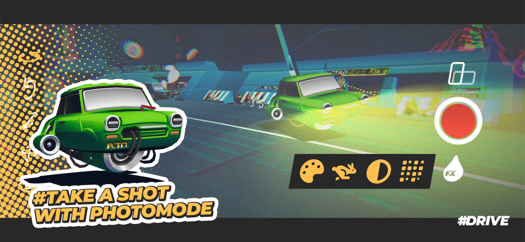 A low-poly green car in the photo mode of the #DRIVE mobile game with editing icons and retro aesthetic