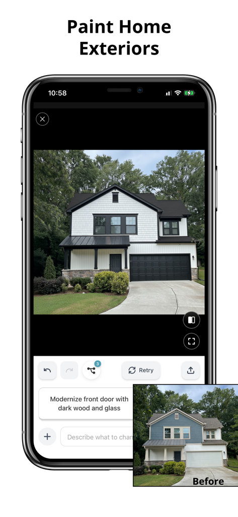 Une interface d'application mobile montrant une rénovation avant/après de l'extérieur d'une maison à l'aide d'outils de peinture IA