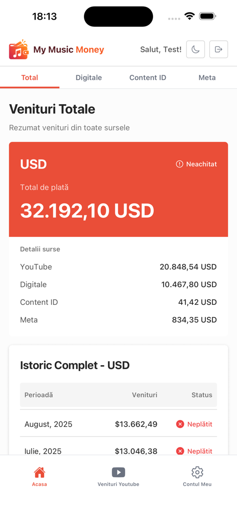 My Music Money - Un panel móvil que muestra los ingresos totales de YouTube y plataformas digitales en la aplicación My Music Money.