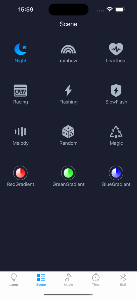 Smart Lamp Pro - Smart Lamp Pro app interface showing various lighting scene presets including night mode, rainbow, and color gradients.
