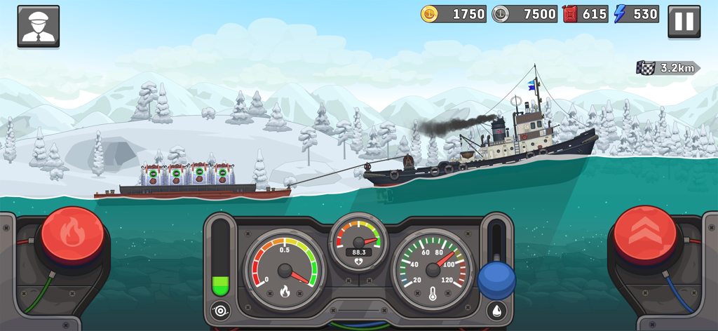 Ship Simulator: Boat Game - Jugabilidad de Ship Simulator que muestra un remolcador remolcando una barcaza en un entorno nevado con indicadores de instrumentos