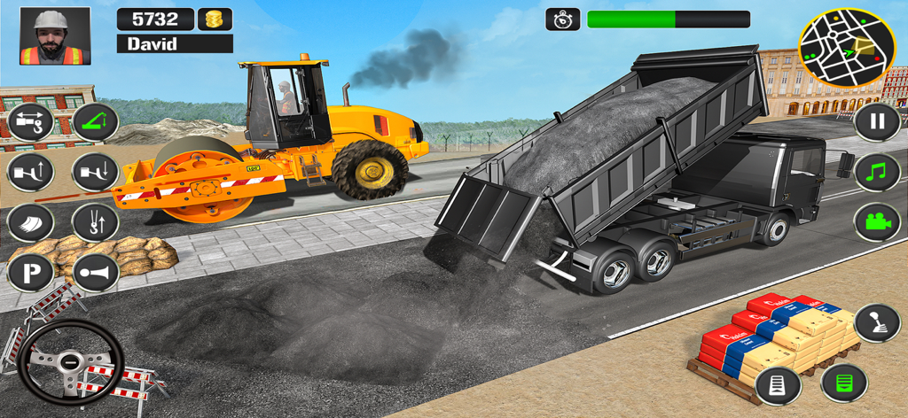 Excavator Construction Game 3d - Una escena de simulación de construcción 3D con un volquete descargando grava y una apisonadora en una calle