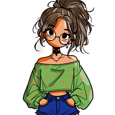 girl with a messy ponytail glasses a baggy crop top and jean shorts