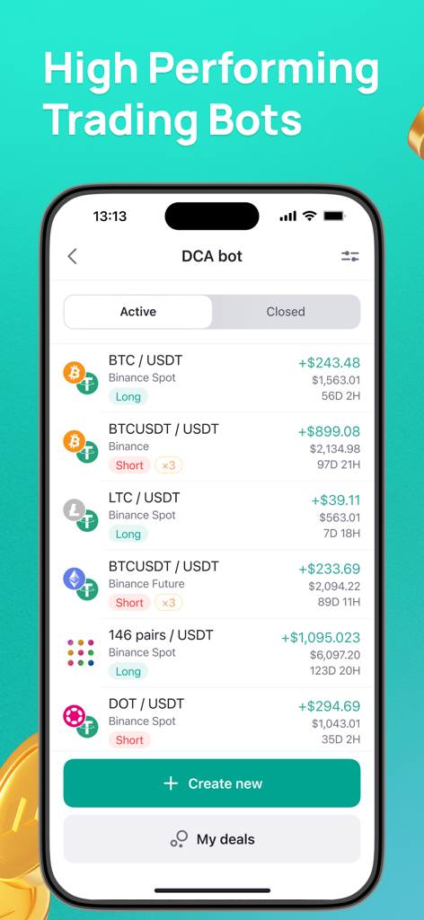 3Commas: Crypto Trading Tools - Interfaccia dell'app 3Commas che mostra bot di trading cripto DCA attivi e monitoraggio dei profitti