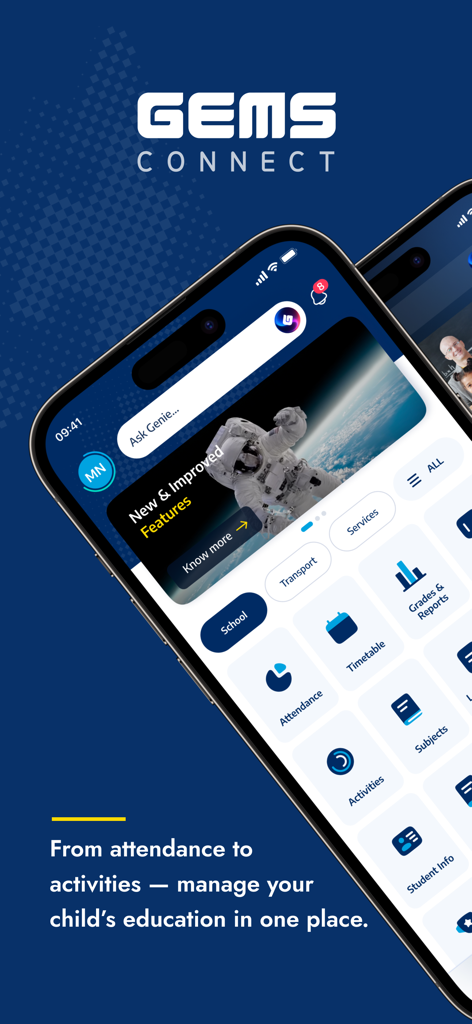 GEMS Connect app interface showing student management features like attendance grades and timetable on a mobile dashboard