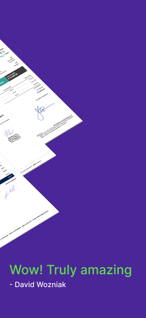 Easy Invoice Maker App - Customer testimonial by David Wozniak for the Easy Invoice Maker App featuring professional digital invoices