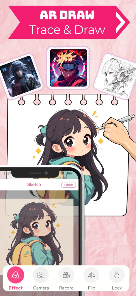 A smartphone using augmented reality to project an anime girl sketch onto a paper notebook for tracing