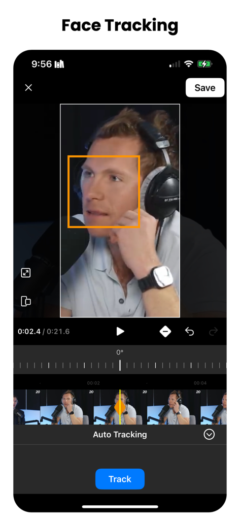 Una interfaz de aplicación móvil que muestra una pantalla de edición de video con un cuadro naranja resaltando la cara de una persona para seguimiento automático.