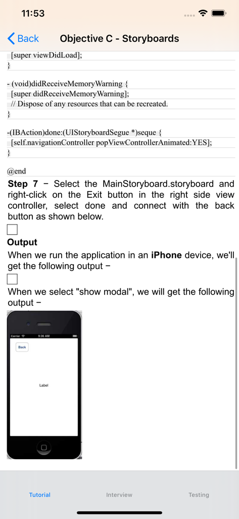 Pantalla de aplicación móvil que muestra un tutorial de storyboard de Objective-C con fragmentos de código y el resultado de un simulador de iPhone.