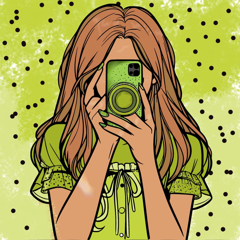 a realistic girl holding her phone taking pictures