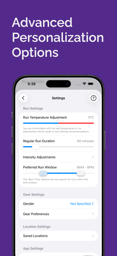 RunPrep - Weather for Runners - RunPrep app settings screen showing advanced personalization options including temperature adjustment and run duration.