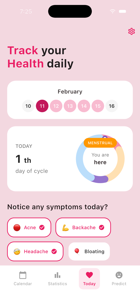 HerPulse – AI Period Tracker - HerPulse app interface for tracking daily health and logging symptoms like acne and backache during the menstrual cycle.