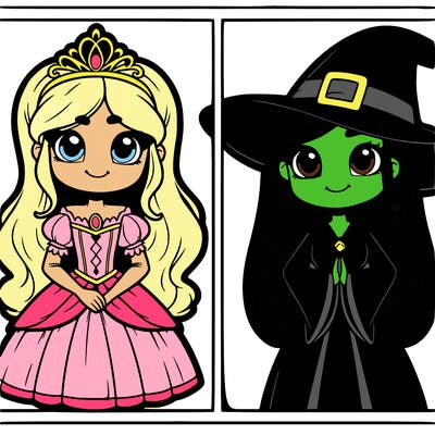 detailed split of a princess and a witch