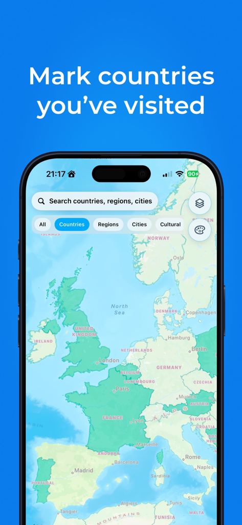 Been Atlas - Travel Map - Been Atlas App-Oberfläche, die eine Karte von Europa mit markierten besuchten Ländern in Grün zeigt