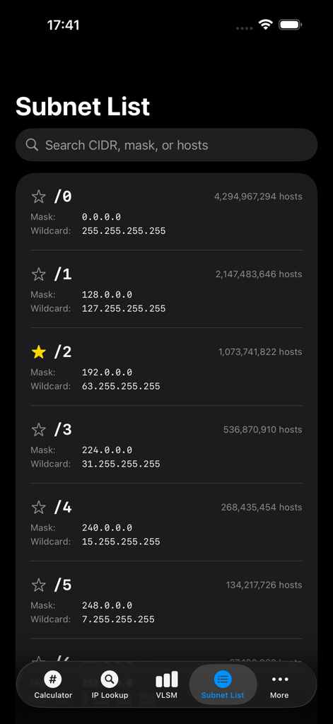 A detailed subnet list showing CIDR notations, mask values, and host counts in the SubnetCalc Pro app.