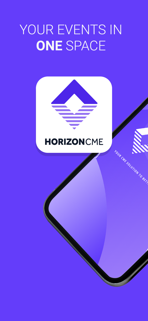 Tela introdutória do aplicativo Horizon CME mostrando o slogan Seus Eventos em Um Só Lugar