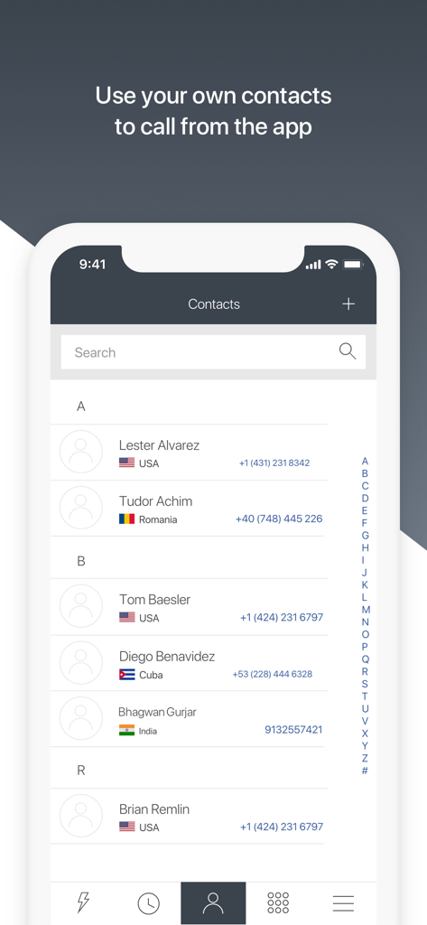 PhoneClub – Best Calling Rates - PhoneClub app interface showing a list of international contacts with names, country flags, and phone numbers for easy calling.
