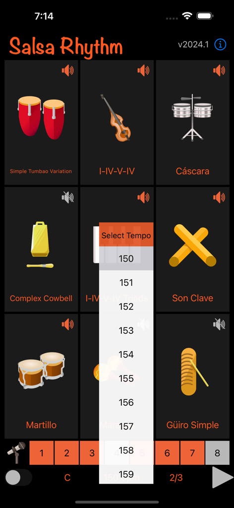 Salsa Rhythm - Salsa Rhythm app screen with instrument icons and a tempo selection dropdown