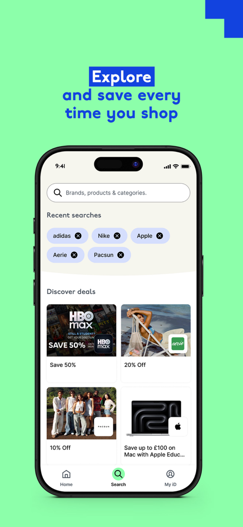 UNiDAYS app search screen featuring student discounts and deals for brands like Apple Nike and HBO Max