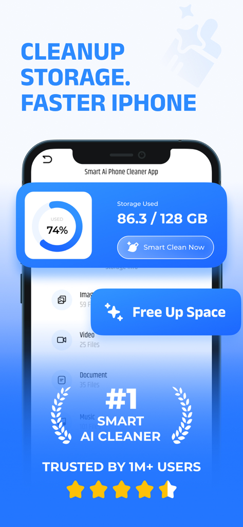 AI Phone Storage Cleaner app interface showing storage usage and a smart clean button