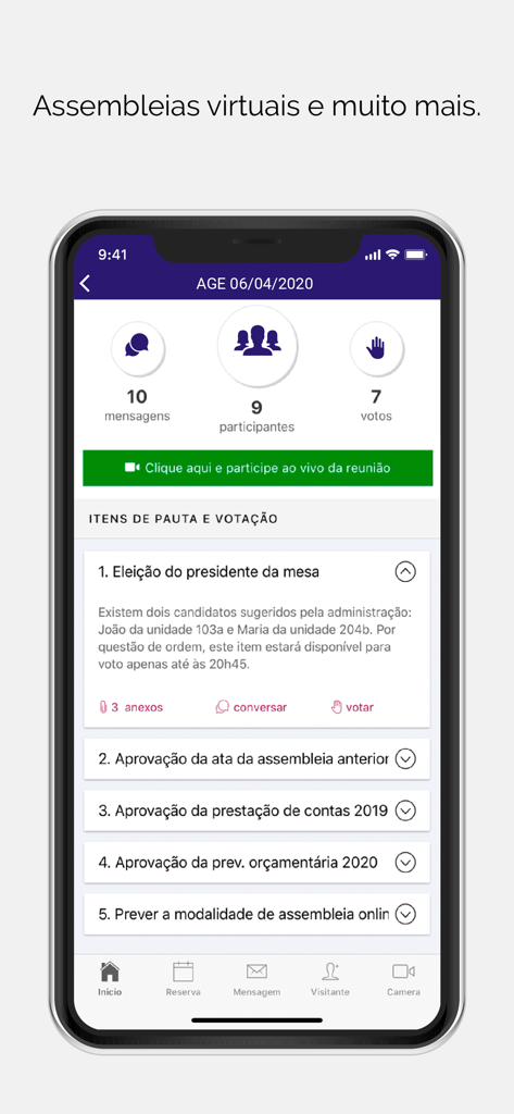 Rescon - Rescon mobile app screen showing a virtual community meeting interface with agenda items and voting options