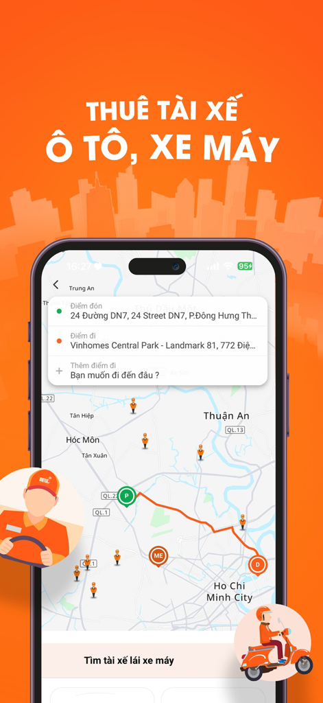 Map interface of BUTL app showing driver locations and route planning for car and motorcycle hire.