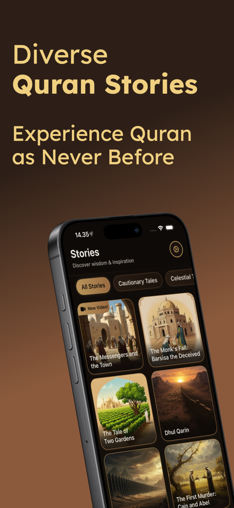 Qissah Stories Your AI Buddy - A smartphone screen displaying the Qissah app interface with a collection of illustrated Quran stories like The Tale of Two Gardens.