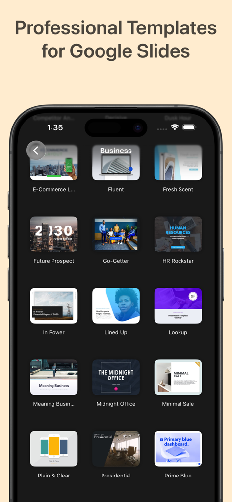 Toolbox for Google Slides - Una pantalla móvil mostrando una cuadrícula de plantillas de presentación profesionales de Google Slides dentro de la aplicación Toolbox.