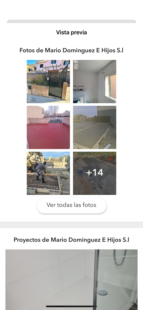 Secção de portfólio de trabalhos na app Habitissimo mostrando fotos de várias obras de construção e remodelação de casas por um profissional