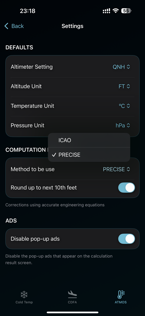ColdTempCorr - The settings screen of the ColdTempCorr app showing options for altimeter units and computation methods