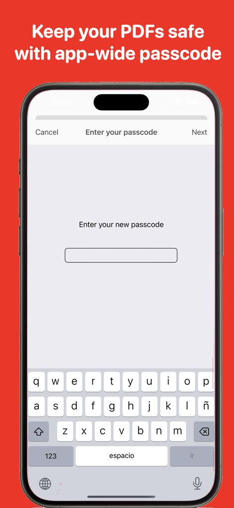 iPhone screen displaying the setup for an app-wide passcode to secure PDF documents