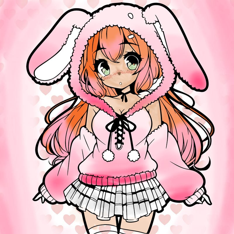 pretty anime girl wearing a fluffy hoodie with bunny ears on the hood and a skirt