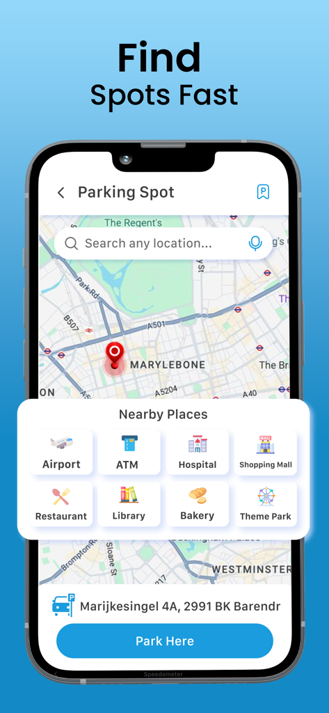Pantalla de la aplicación RouteFinder mostrando iconos de lugares cercanos y una búsqueda de lugar de estacionamiento en un mapa de la ciudad.