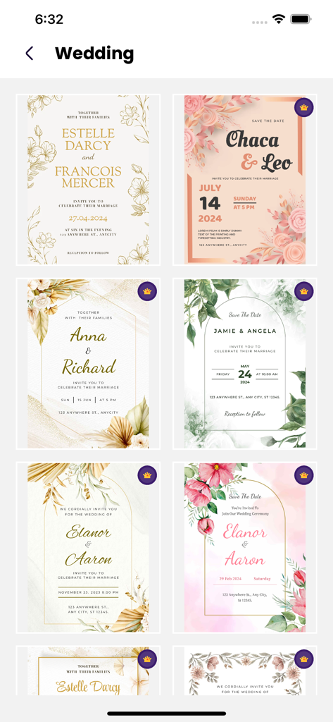 Just Invite: Invitation Maker - A selection of elegant wedding invitation templates with floral and modern designs on a mobile app screen.