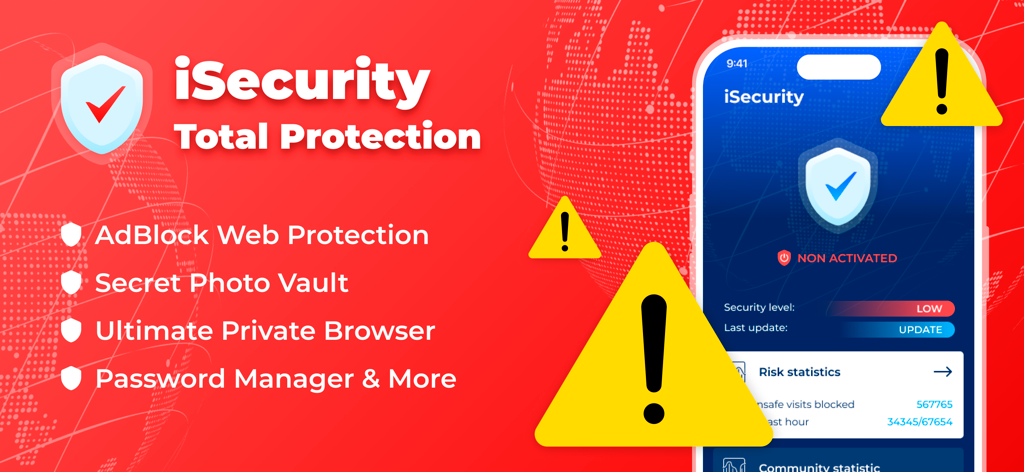 iSecurity: Total Protection - iSecurity app overview showing key features like AdBlock web protection secret photo vault and password manager on a red background