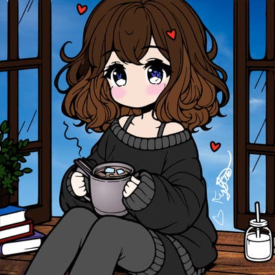 cute anime girl reading book and drinking hot chocolate from mug with loose wavy hair wearing a baggy sweatshirt and shorts sitting by windowsill looking out