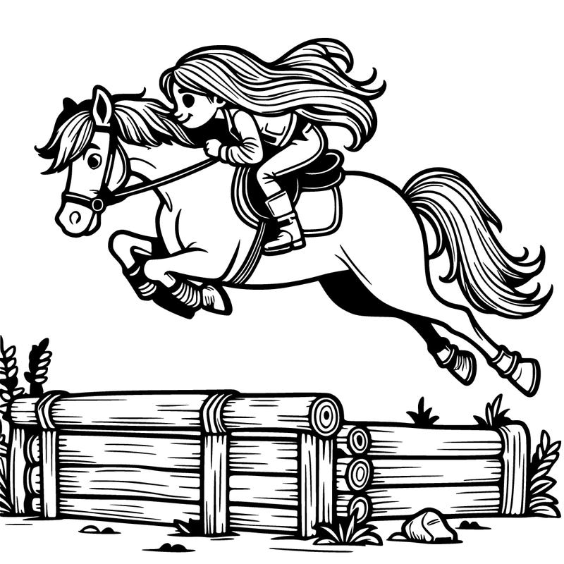 horse jumping an obstacle with a girl with long hair in the saddle