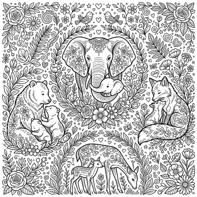 Immerse yourself in the beauty of nature's maternal love with this intricate Mother's Day coloring page. Featuring heartwarming scenes of wildlife mothers and their babies, it's a perfect way to celebrate this special day with creativity.