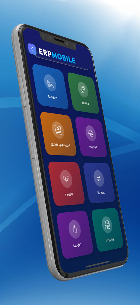 New Erp Mobil - Menu principal do aplicativo New Erp Mobil mostrando uma grade colorida de ícones para rastreamento de ouro, moeda e transações financeiras.